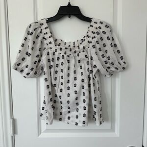 Faith & Zoe over shoulder White Blouse with Black Dots